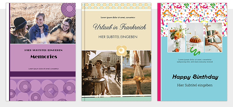 PRO Cover Varianten der Fotobuch Vorlage Century mit unterschiedlichen Layouts und Farbvarianten. 