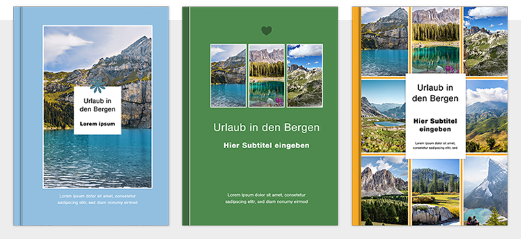 PRO Cover Varianten der Fotobuch Vorlage Basic 01 mit unterschiedlichen Layouts und Farbvarianten. 